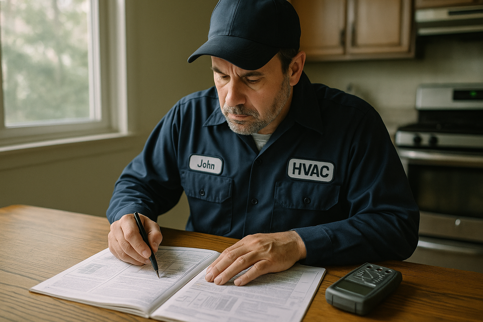 HVAC technician reviewing Manual J load calculation paperwork with homeowner at kitchen table