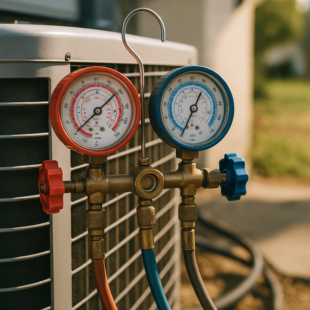 HVAC refrigerant manifold gauge set connected to residential AC condenser servicing port