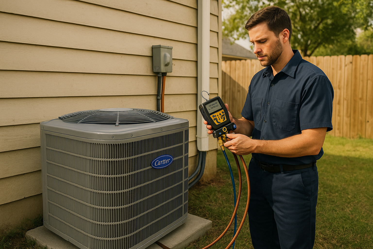 HVAC technician with refrigerant gauges checking new Carrier residential AC condenser