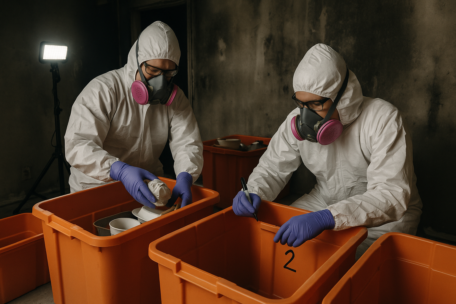 Numbered orange content pack-out bins from fire-damaged property