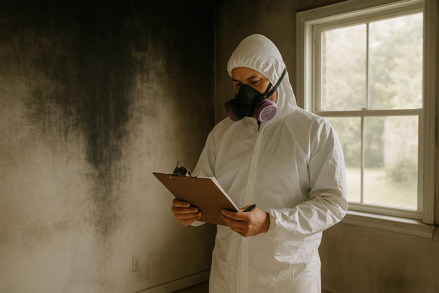 Fire and smoke restoration technician mid-restoration with clipboard