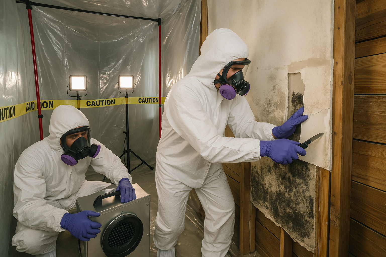 Mold remediation crew in Tyvek suits and nitrile gloves working in HEPA negative-air containment
