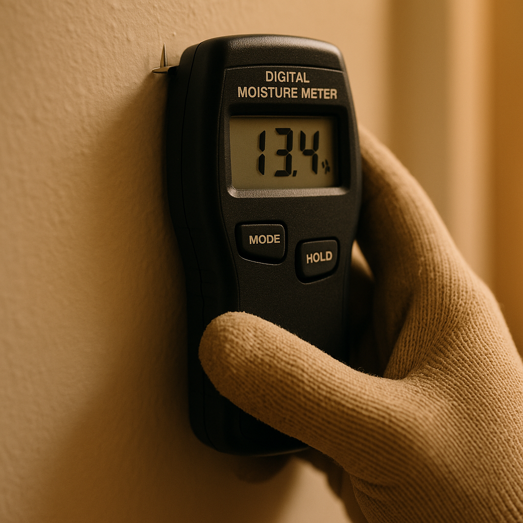 Pin moisture meter pressed against residential drywall measuring humidity