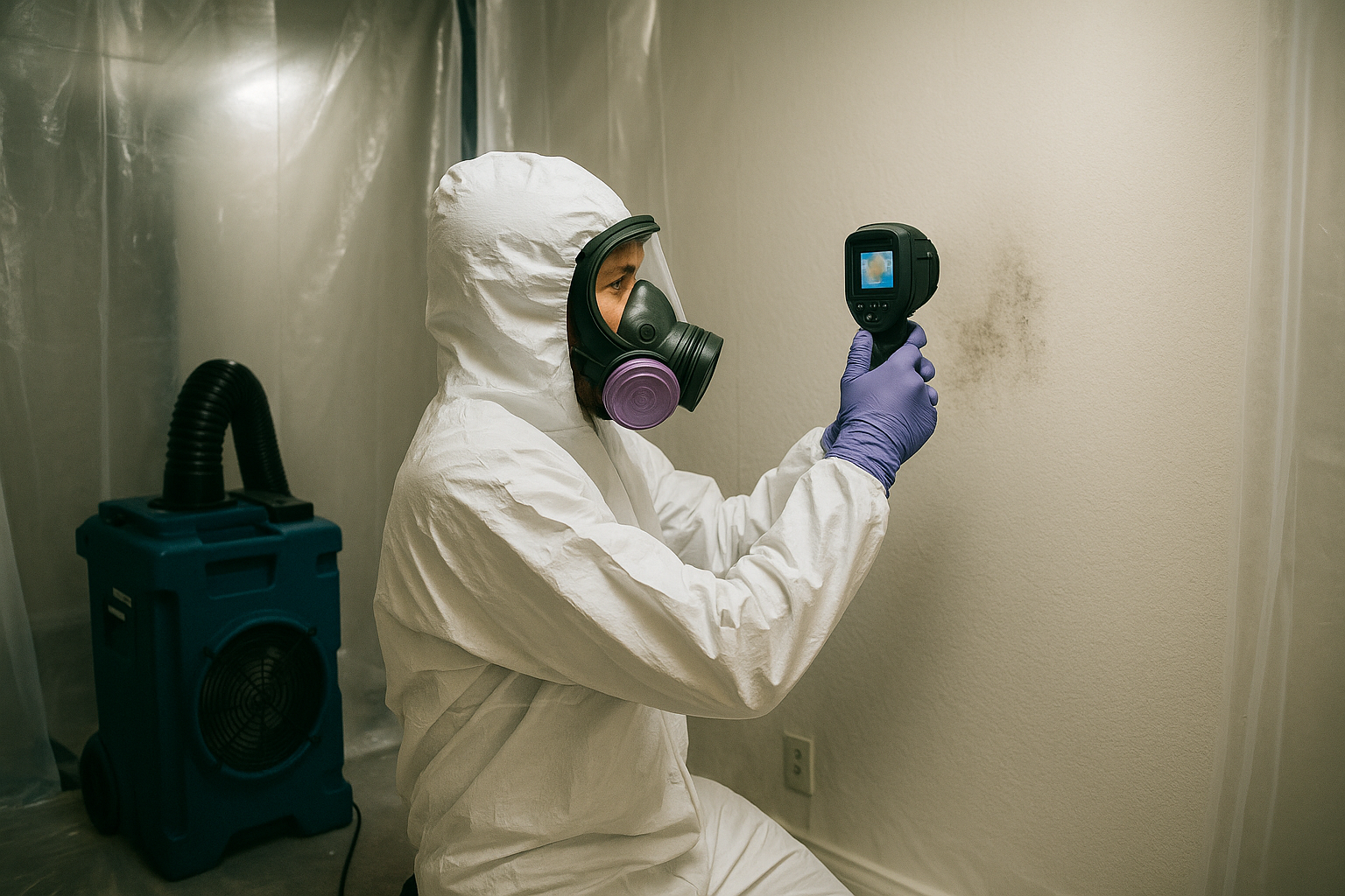 Mold remediation technician in PPE with thermal imager inspecting wall in containment zone