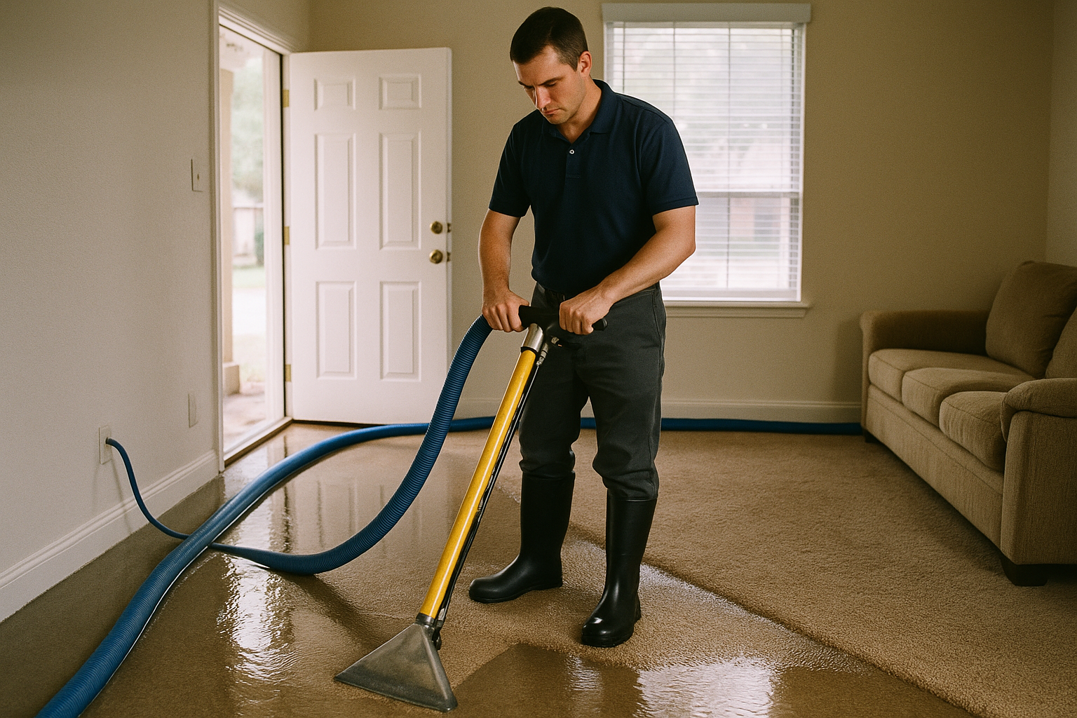 Water damage restoration technician operating truck-mounted extraction