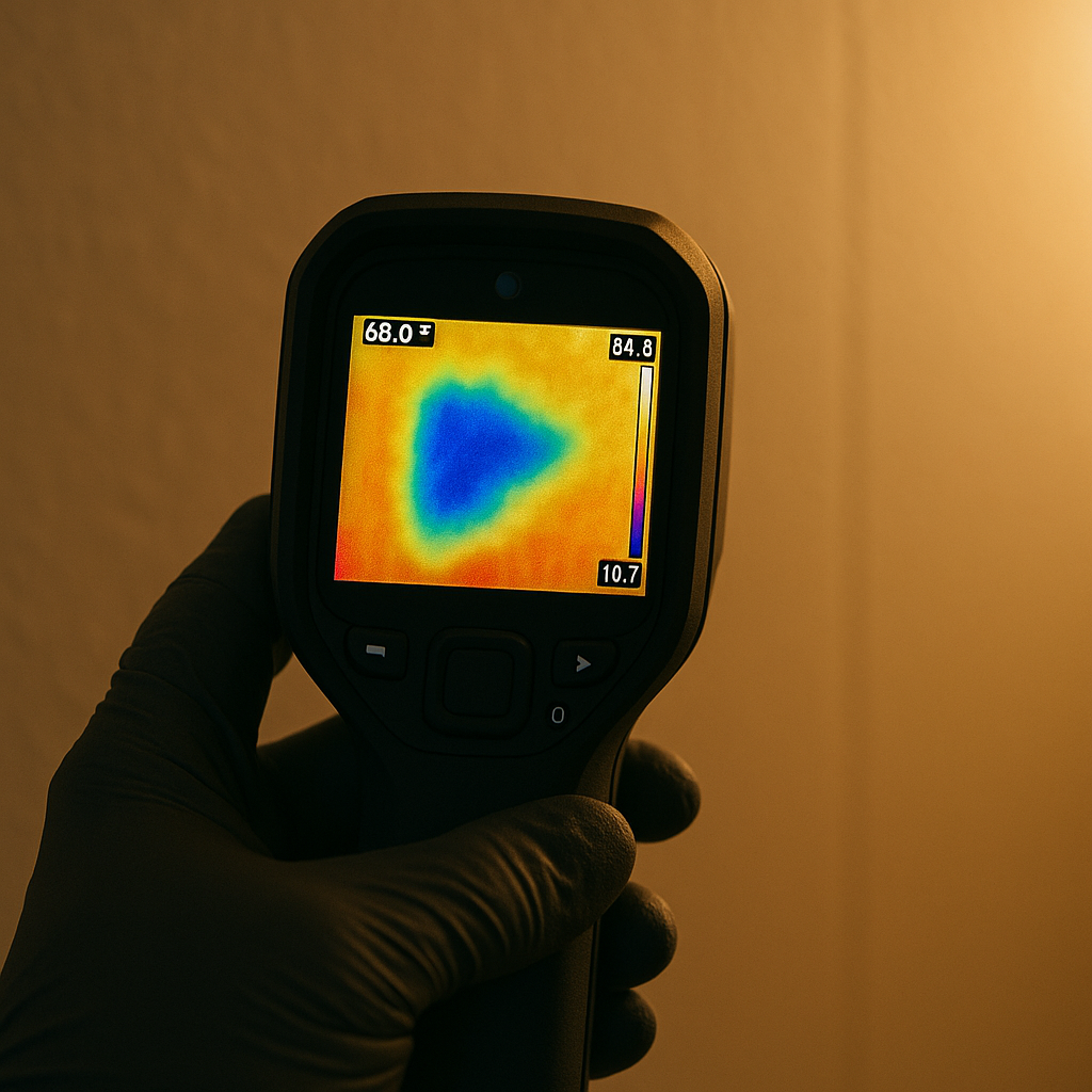 FLIR thermal imaging close-up of wet wall cavity moisture