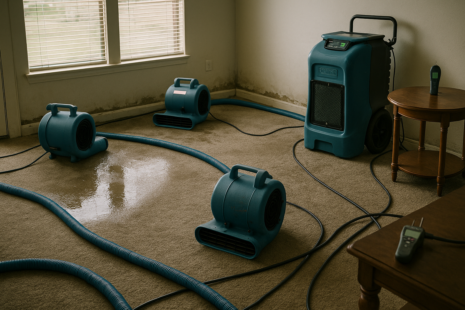 Water damage extraction equipment array in residential structure