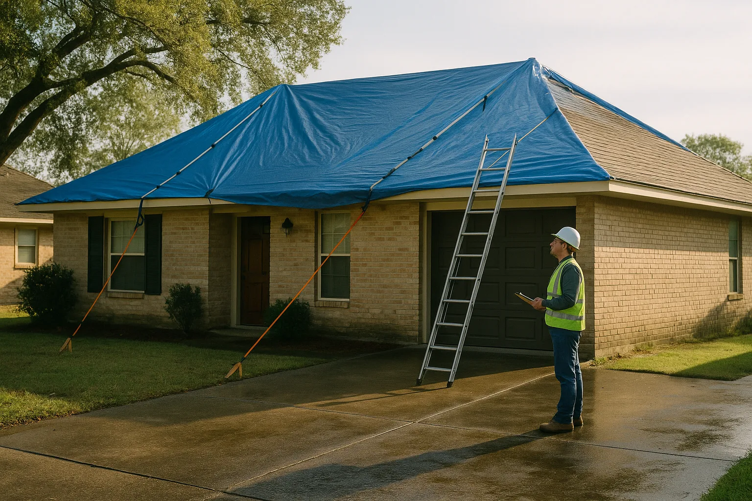 Restoration technician inspecting completed roof tarp after hurricane