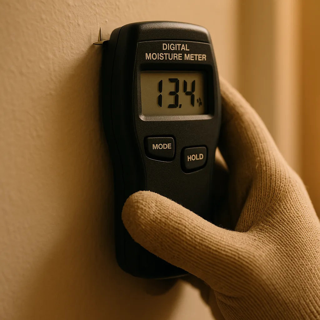 Pin moisture meter pressed against residential drywall measuring humidity