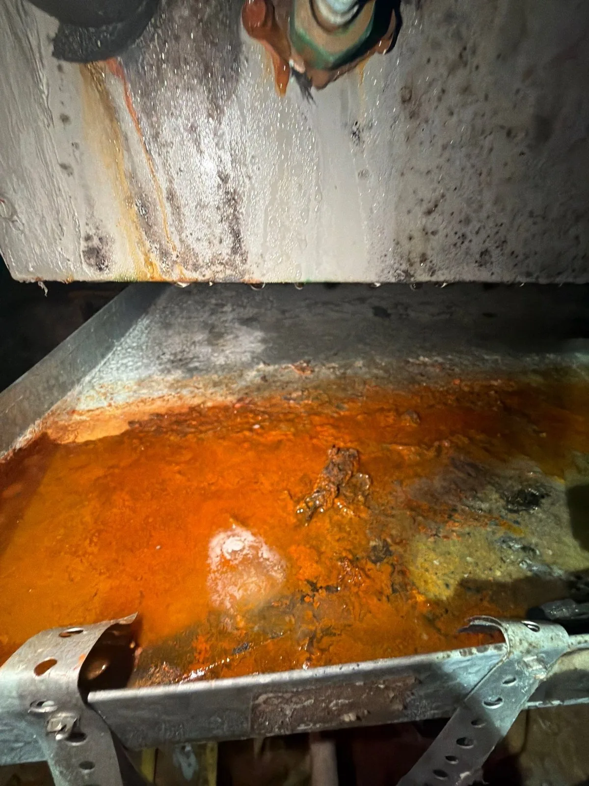 A rusted A/C drain pan holding standing water under the air handler